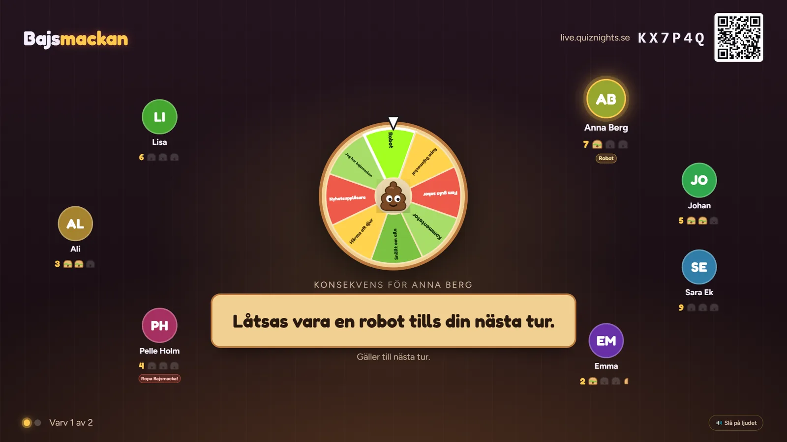 Storbilden i Bajsmackan under en spelkväll, med exempeldata