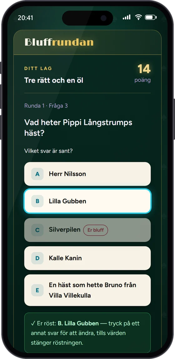 Samma stund i Bluffrundan i en spelares mobil