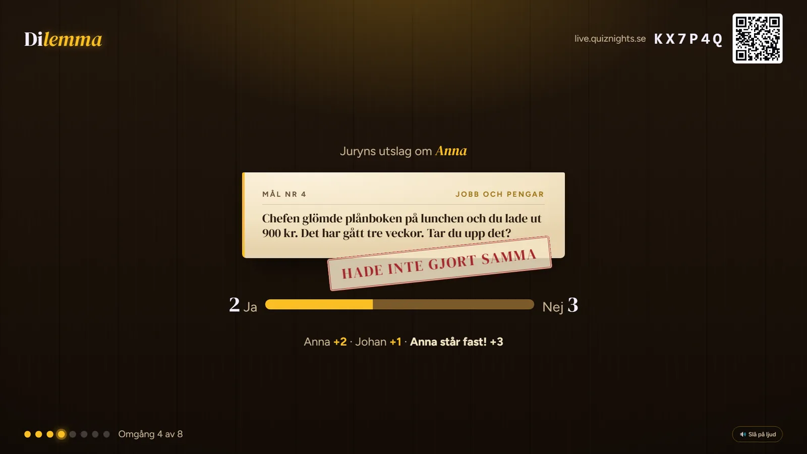 Storbilden i Dilemma under en spelkväll, med exempeldata