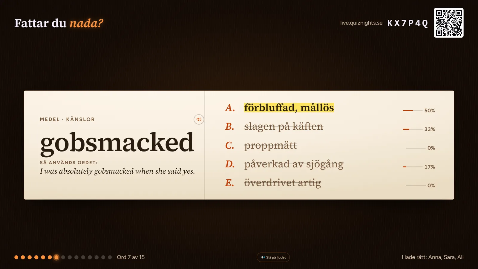 Storbilden i Fattar du nada? under en spelkväll, med exempeldata