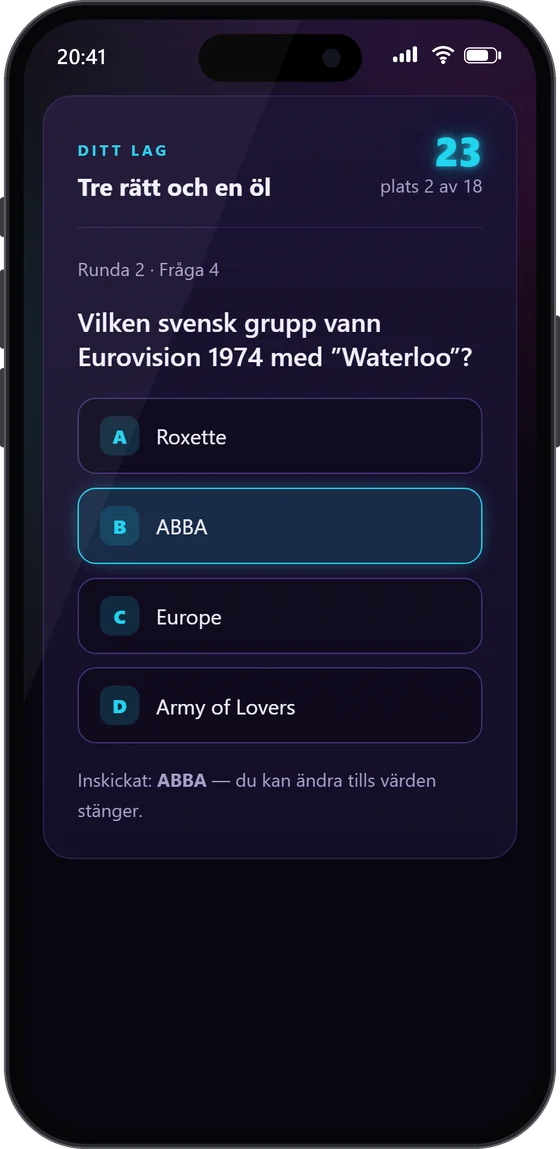 Samma stund i Quiznight i en spelares mobil