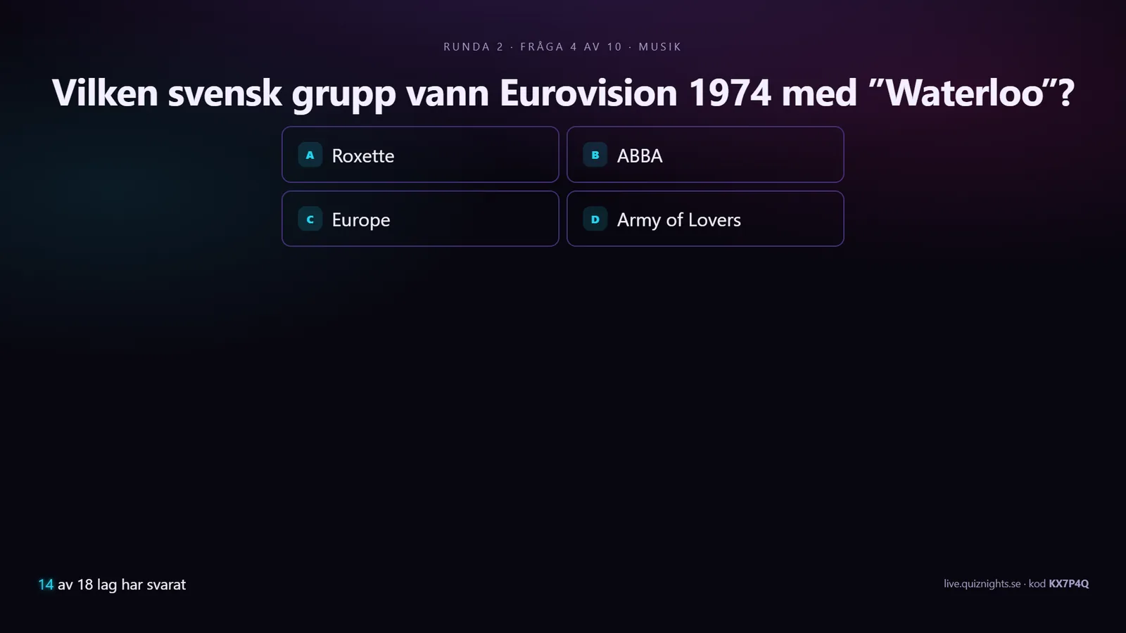 Storbilden i Quiznight under en spelkväll, med exempeldata