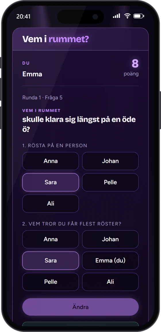 Samma stund i Vem i rummet? i en spelares mobil